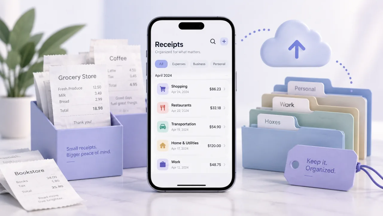 Paper receipts sorted into labeled folders and categories, with a cloud backup.