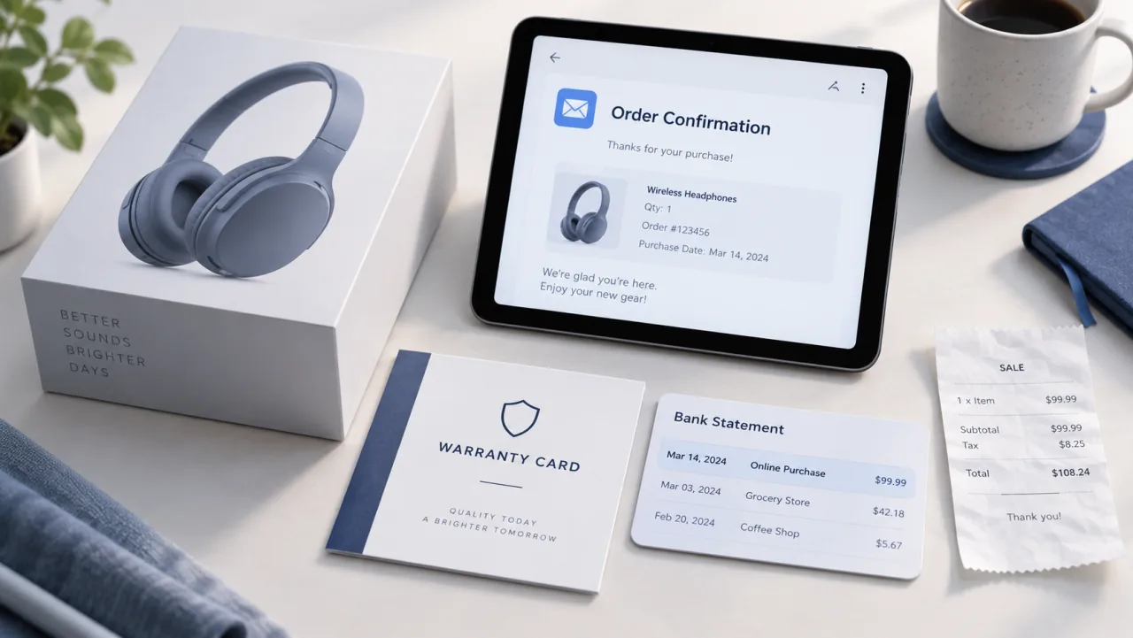 Order confirmation, bank statement and warranty documents shown as proof of purchase options.