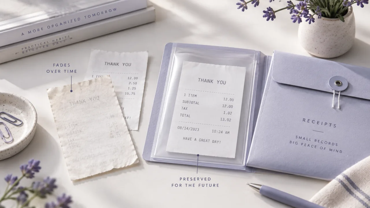 Paper receipts shown fading over time beside a preserved receipt copy.