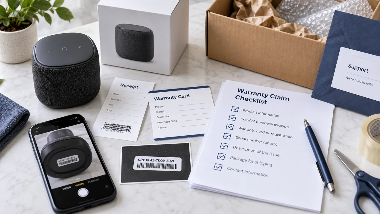 Warranty claim documents including receipt, warranty card, serial number and issue photo.