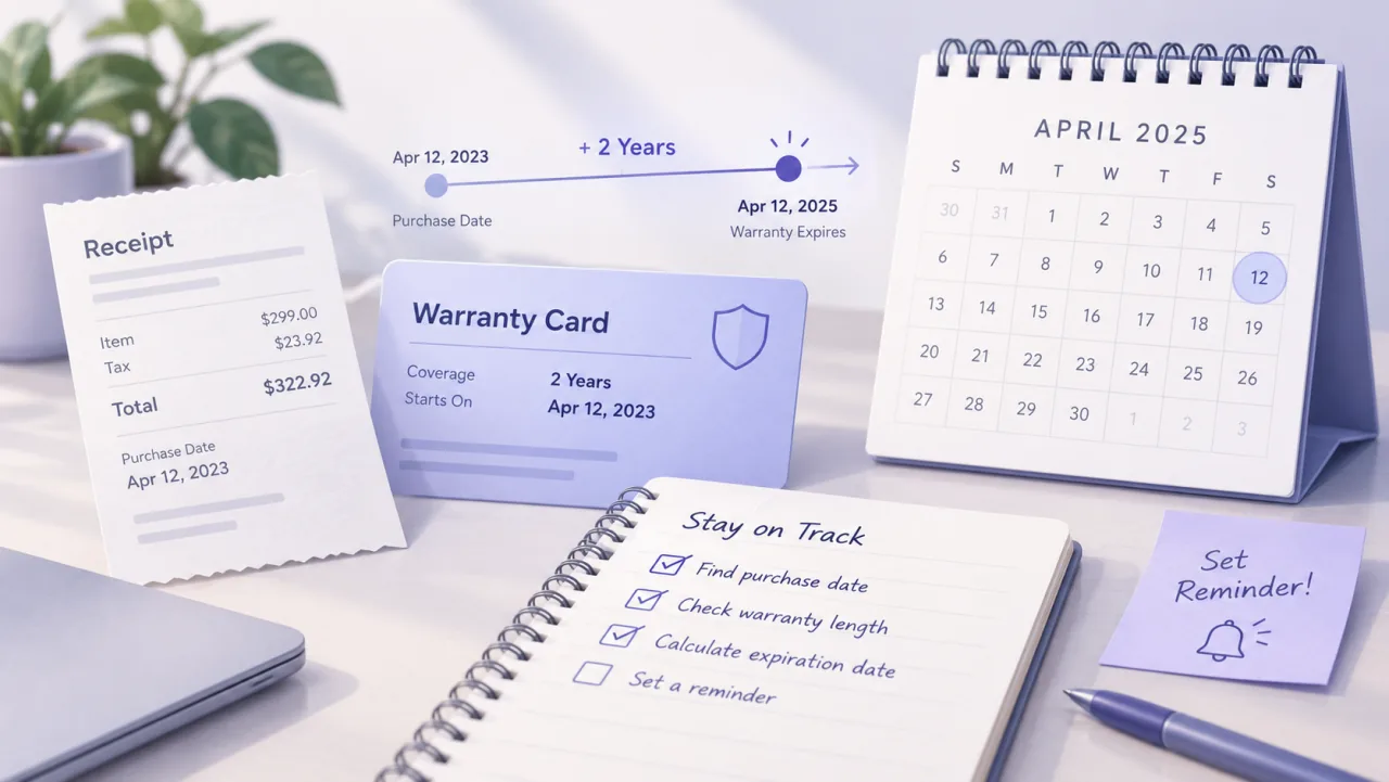 Purchase date and warranty term shown leading to a calculated warranty expiration date.