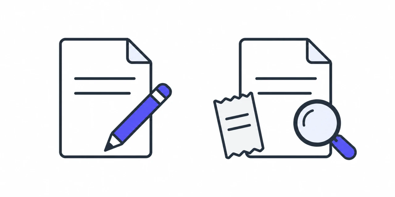 A paper record and pencil beside an equally sized receipt, record, and review lens.